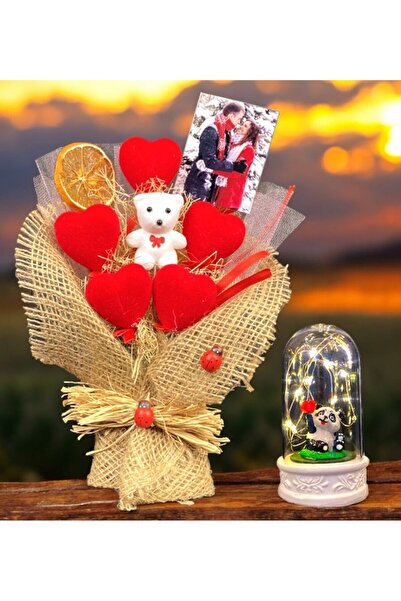 hediye arıları Yılbaşı Hediyesi Pembe Ayıcık Buketi ve Renkli Led Işıklı Kard...