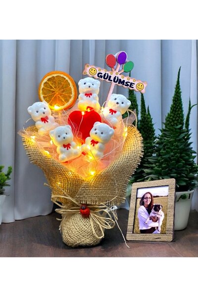 hediye arıları Yılbaşı Hediyesi Kahve Ayıcık Buketi ve Renkli Led Işıklı Kard...