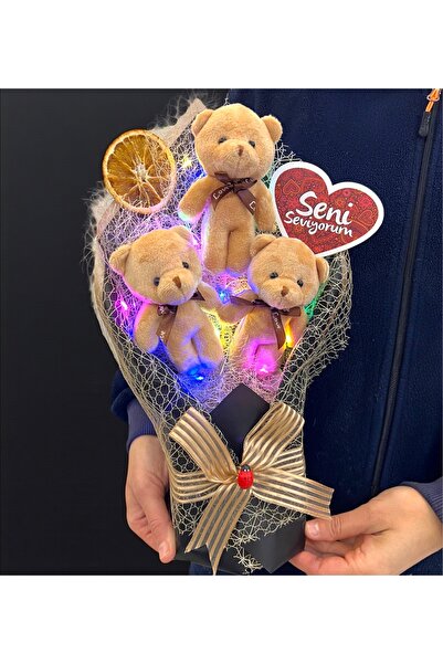 MEGA KANYON Seni Seviyorum Renkli Led Işıklı Kahve Ayıcıklı Peluş Ayıcık Buke...