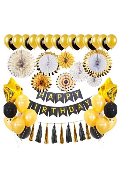 Arabest Paper Fan Flower 8 Piece Birthday Party Decoration Black Rose Gold Sequin Balloon Pull Flag