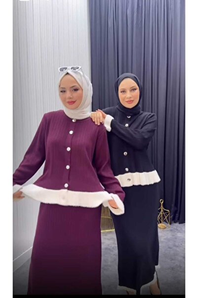 Abalı Yeni sezon kışlık 2li etekli Kadın Triko Takım –Yumuşak yün iplik jar A...