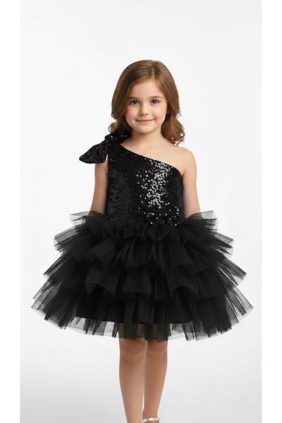 babysmile Kız Çocuk Tek Omuz Payetli Fiyonklu Tütü Abiye Elbise