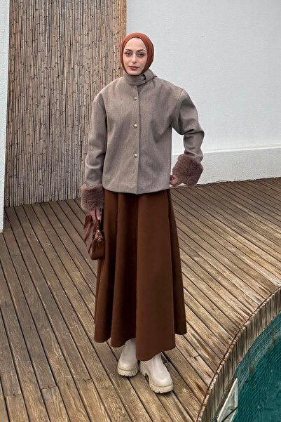 lamelif Sleeve Fur Detailed Coat in Mink Color