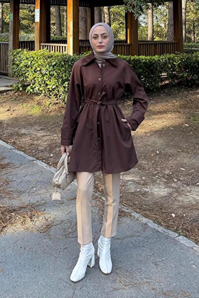 lamelif Collar Detailed Short Trench Coat Bitter Brown