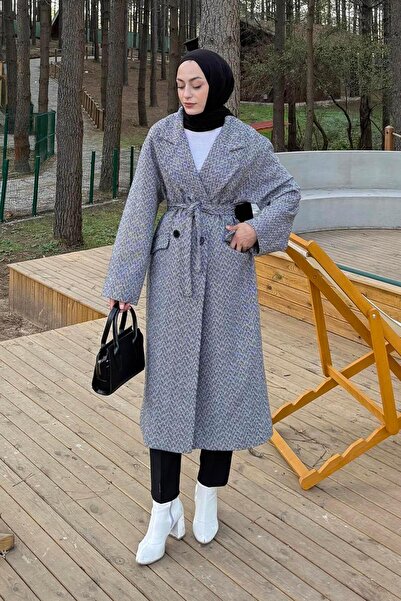 lamelif Herringbone Pattern Lacing Detailed Coat Gray