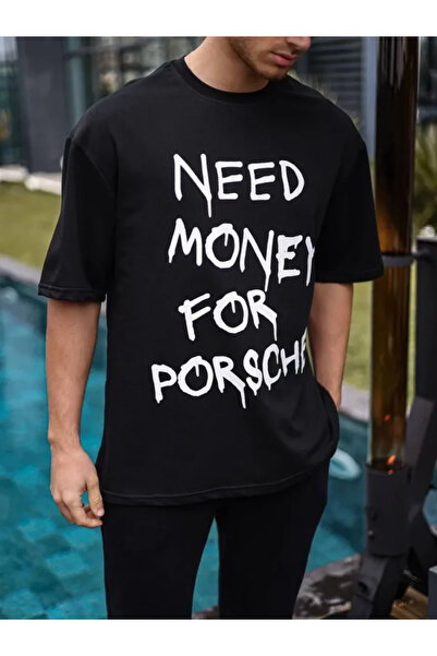 JANES Tricou oversize cu imprimeu unisex cu guler rotund - negru