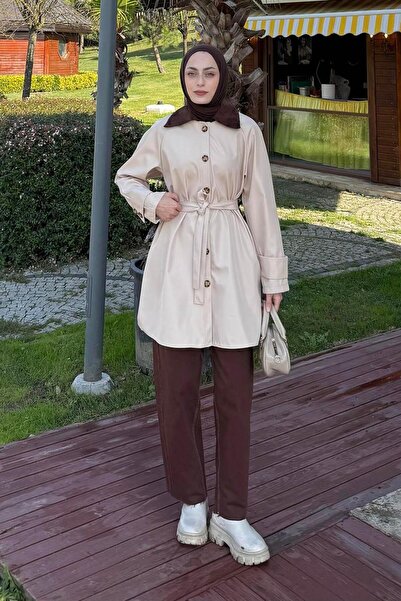 lamelif Collar Detailed Short Trench Coat Beige