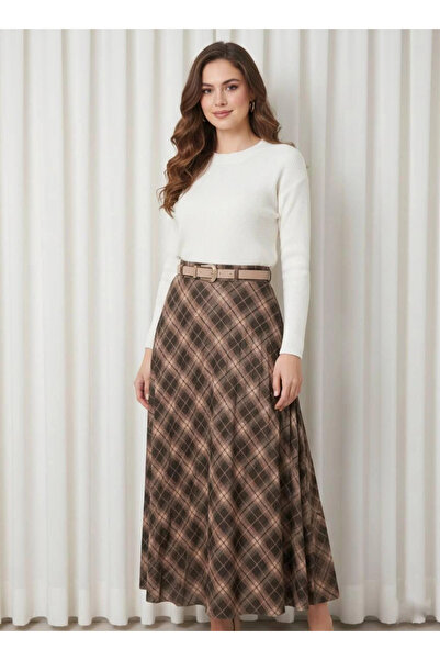 Butik Kahve Rengi Ekose Desenli Kumaş Kemerli Etek Modelimiz