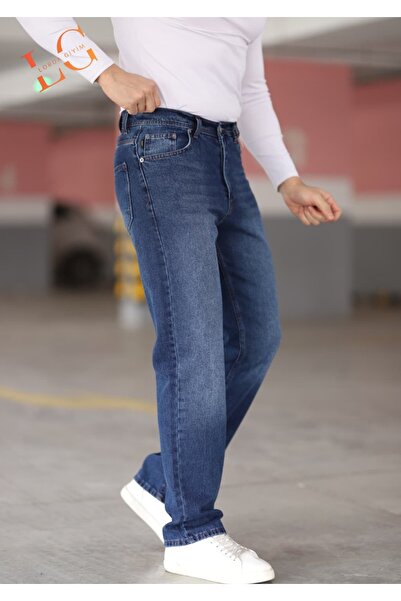 LORDA GİYİM TONI S Men's Jeans Baggy High Waist Zippered Non-Spandex Blue with Ribbed Detail