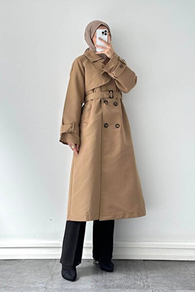 lamelif معطف ترنش كوت بياقة جيب بلون ترابي