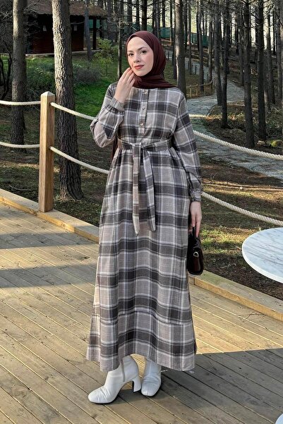 lamelif Ekose Desen Elbise vizonrengi