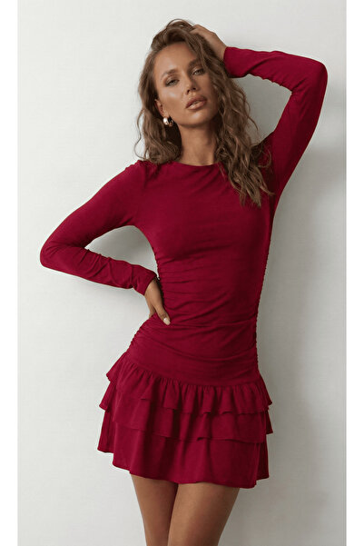 CrazyShopping Women's Skirt Layered Ruffles Long Sleeve Knitted Viscose Lined Mini Dress-Burgundy