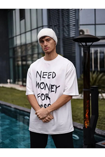 JANES Tricou alb unisex cu imprimeu oversize cu guler rotund