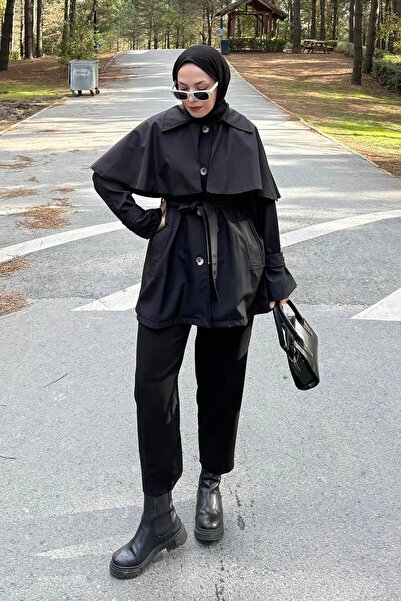 lamelif Trench Coat with Tie Detail Cape Black