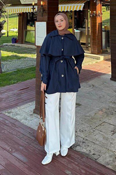 lamelif Trench Coat with Tie Detail Cape Navy Blue