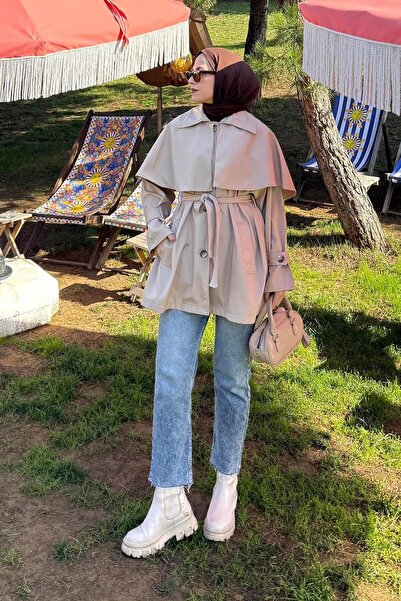 lamelif Trench Coat with Tie Detail and Cape Beige