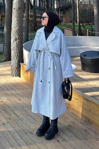 lamelif Belted Polyviscon Trench Coat Gray