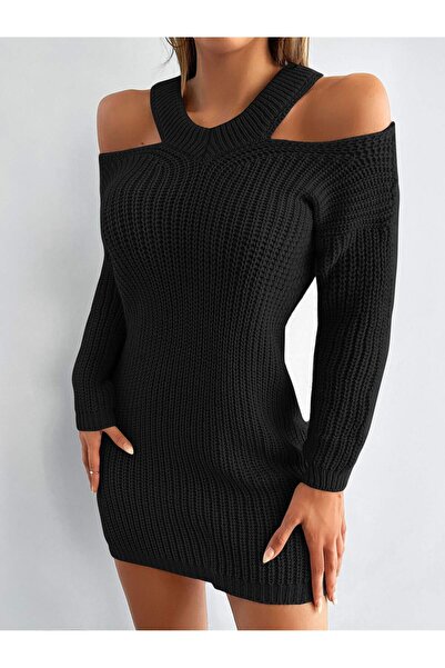 AQE FASHION Women's Button Detailed Long Sleeve Hair Braid Turtleneck Handkerchief Collar Black Knitwear Tunic Dress