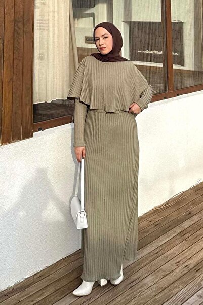 lamelif Herringbone Belted Dress Khaki