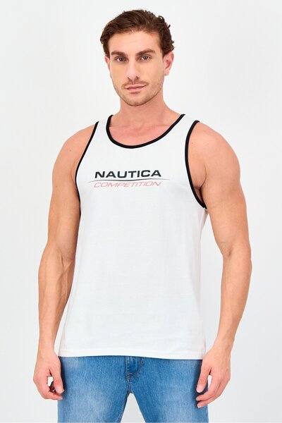 Nautica Men Round Neck Sleeveless Brand Logo Vest, White