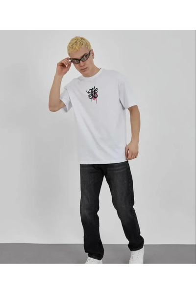 JANES Tricou alb unisex cu imprimeu oversize cu guler rotund