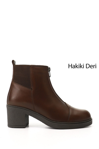 GÖNDERİ(R) Γυναικείες μπότες από γνήσιο δέρμα με χοντρό τακούνι αντίκες καφέ με φερμουάρ