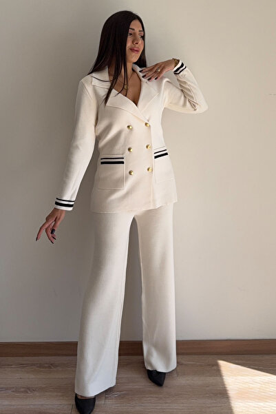 CİDDE Women's Double-Breasted Collar Pocketed Knitwear Bottom-Top Set