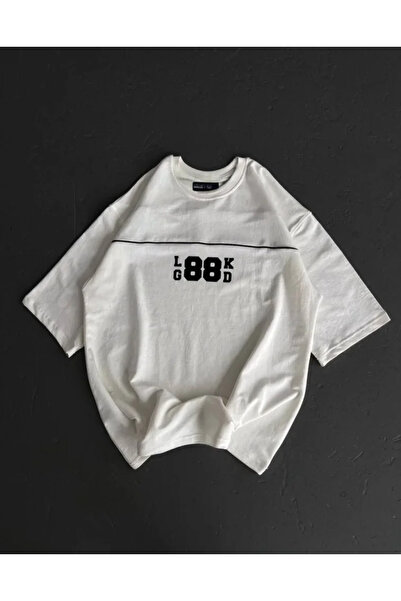 JANES Tricou alb unisex cu imprimeu oversize cu guler rotund