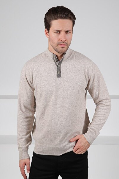 Ferraro A.Bej Пълен рибарски яка с копчета 100% агнешка вълна Мъжки плетен пу...