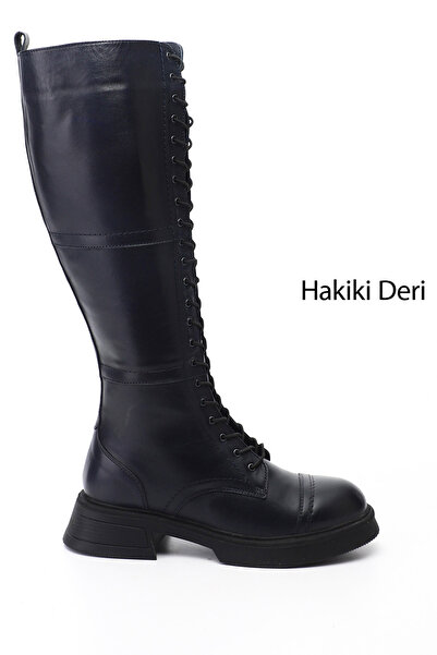 GÖNDERİ(R) حذاء نسائي من الجلد الطبيعي ذو كعب سميك وسحاب باللون الأزرق الداكن