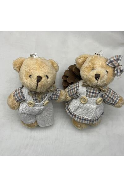 Bukle İplik Cute Plush Teddy Bear Keychain - Bag Ornament with Plaid Detailed Linen Overalls for Girls & Boys Model Options