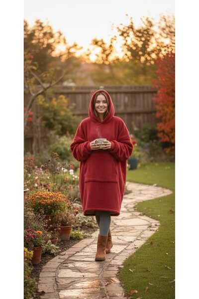 Wellsoft Kapşonlu Giyilebilir Tv Battaniyesi Unisex Oversize -KIRMIZI ( 1 Adet Ürün )