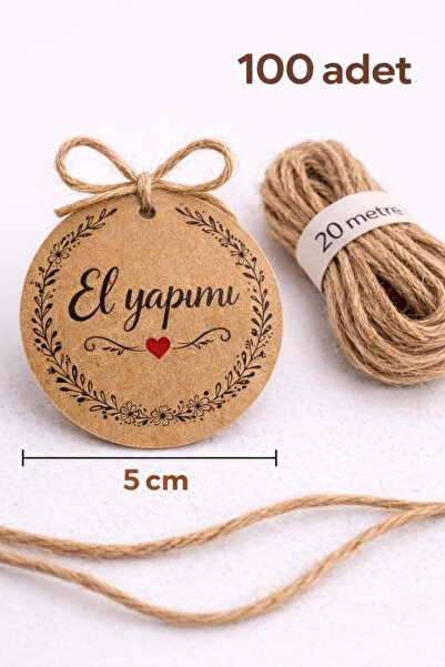 naturevo 5 cm Yuvarlak Kraft Etiket – El Yapımı | 100 Adet + 20 Metre Jüt İp ...