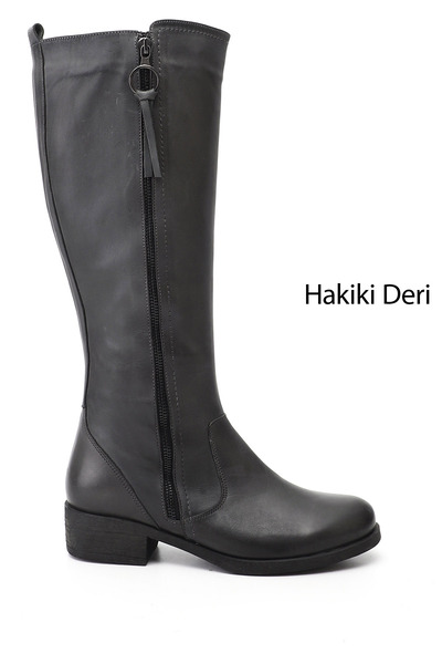 GÖNDERİ(R) Women's Anthracite Zippered Thick Heeled Genuine Leather Boots