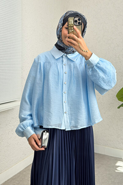 Salih Çelebi Pleated Detailed Oversized Shirt 2391 - Blue