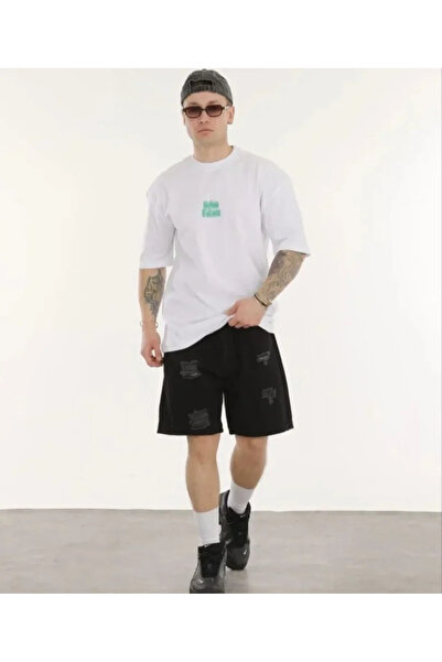 JANES Tricou alb unisex cu imprimeu oversize cu guler rotund