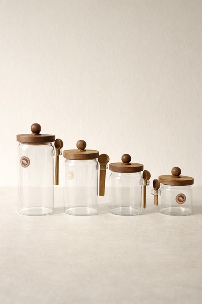 Kitchen Way طقم برطمانات توابل أكاسيا مع غطاء محكم وملعقة، سلسلة KW-730