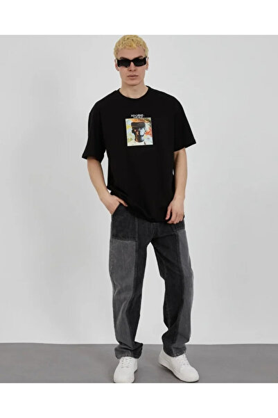 JANES Tricou oversize cu imprimeu unisex cu guler rotund - negru