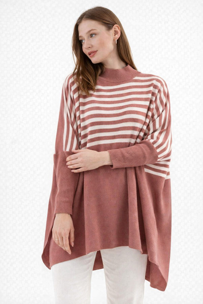 MISSRUBA Kadın Yırtmaçlı Gül Kurusu Panço Kazak CP0001