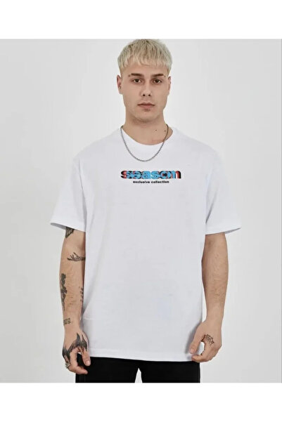 JANES Tricou alb unisex cu imprimeu oversize cu guler rotund