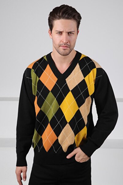 Ferraro Black/Orange V-Neck Colorful Argyle Pattern 100% Lamb Wool Men's Knitwear Sweater