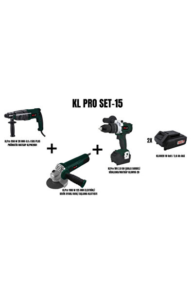 KLPRO Set-15 (950W 28MM 4.0J KIRICI MATKAP+1100W 125MM AVUÇ TAŞLAMA+ŞARJLI DA...