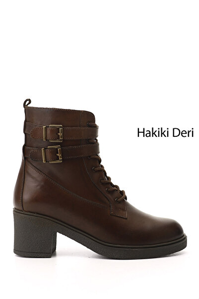 GÖNDERİ(R) Γυναικείες μπότες καφέ αντίκες με χοντρό τακούνι από γνήσιο δέρμα