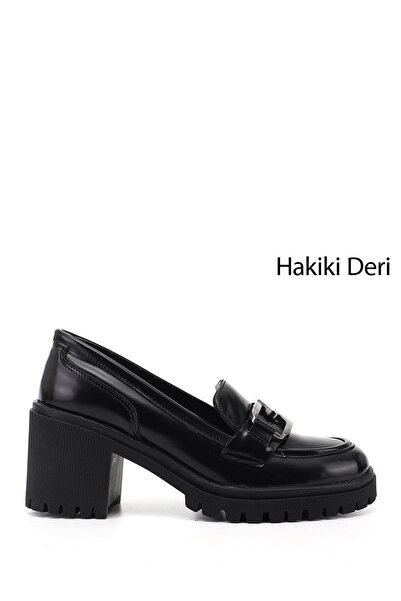 GÖNDERİ(R) Women's Black Patent Leather Buckle Thick Heeled Genuine Leather Shoes