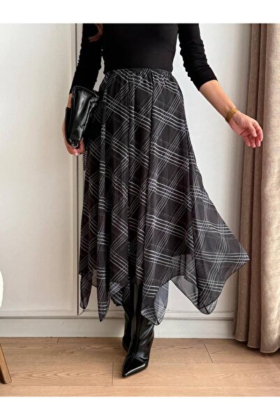 ERYUN KADIN GİYİM Pileli Simetrik Kadın Şifon Etek