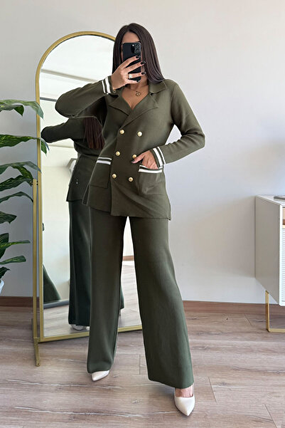 CİDDE Women's Double-Breasted Collar Pocketed Knitwear Bottom-Top Set