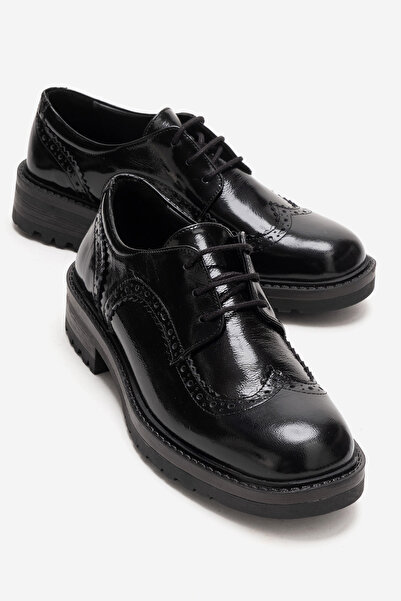 GRADA Siyah Rugan Hakiki Deri Kadın Oxford Ayakkabı Bağcıklı Rugan Deri Klasi...