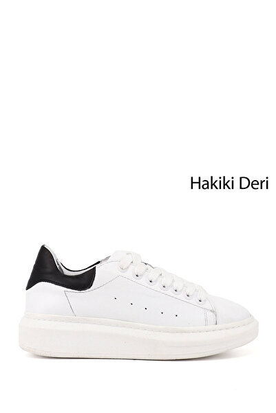 GÖNDERİ(R) Women's White to Black Lace-Up Padded Sole Genuine Leather Sneakers