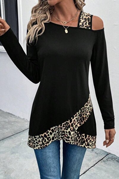 Mossta Leopard Detailed Long Sleeve Low-Cut Viscose Blouse - Black