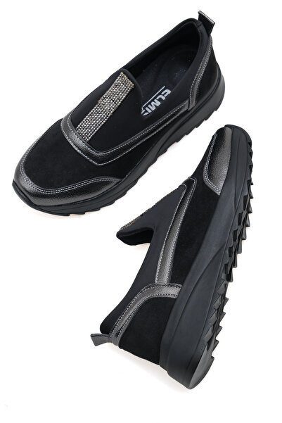 DELSOLERA Leather Laceless Thick Sole Anthracite Detailed Stoned Black Casual Sports Shoes